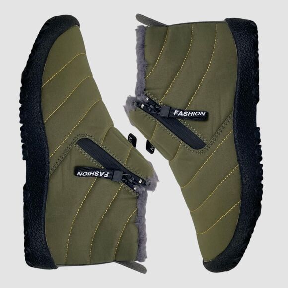Faux Fur Khaki Green Gray Winter Rain Snow Ankle Outdoors Boots US 12 - Picture 1 of 8